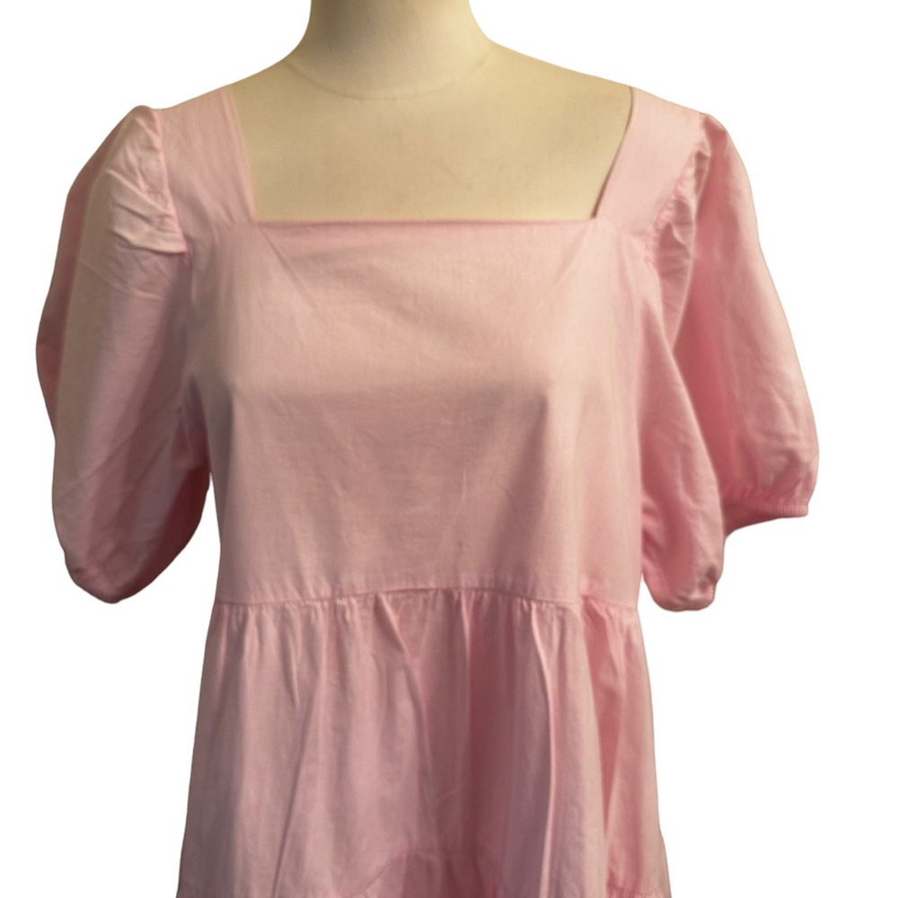 The Clothing Globe Soft Pink Large Puff Sleeve Ruffle Inset Tiered Mini Dress